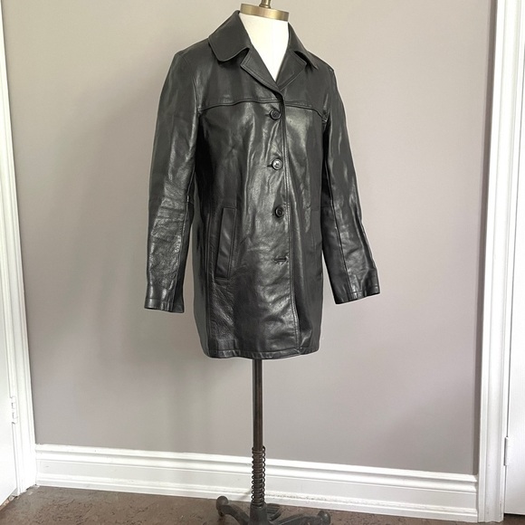 Vintage 90s Y2K Roots Black 100% Leather Straight Cut Mid Length Car Coat - 6/S - Picture 13 of 14